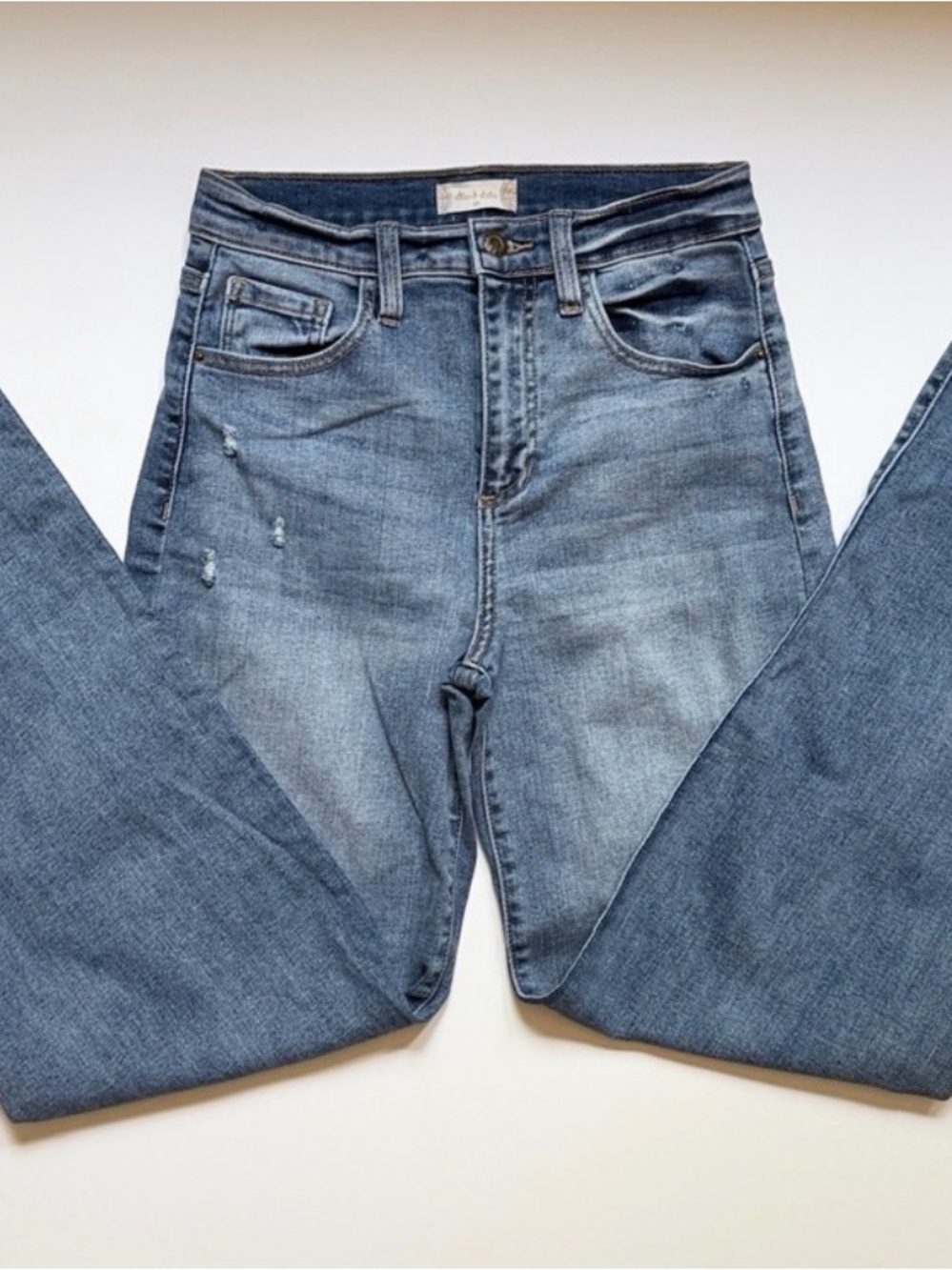 Altar'd State wide Straight Leg Jeans - Medium Blue Wash, stretchy.